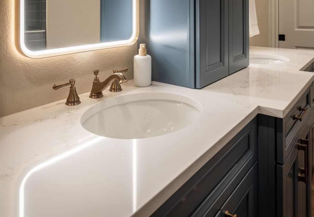 White quartz vanity with an undermount sink, brass faucet and backlit mirror over blue cabinets